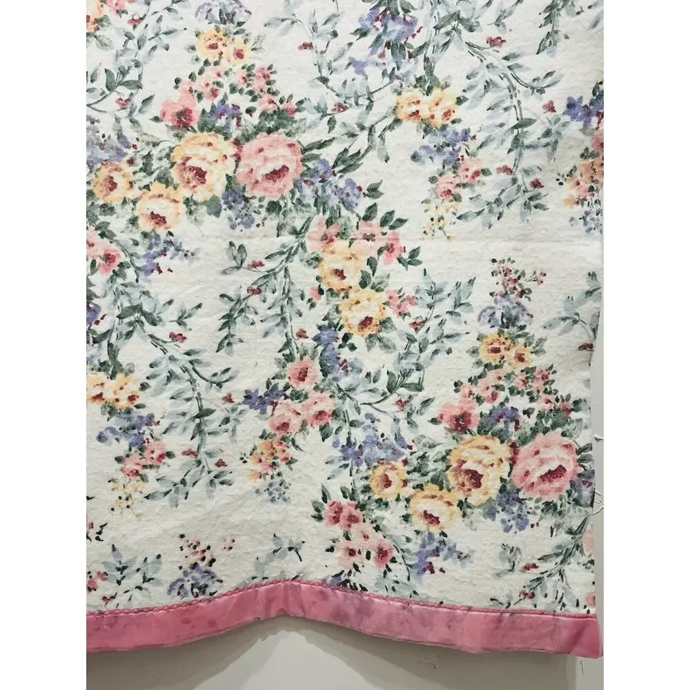 Vintage Blanket WPL1675 Floral Flowers Pink Twin Acrylic Nylon Edge Fleece USA